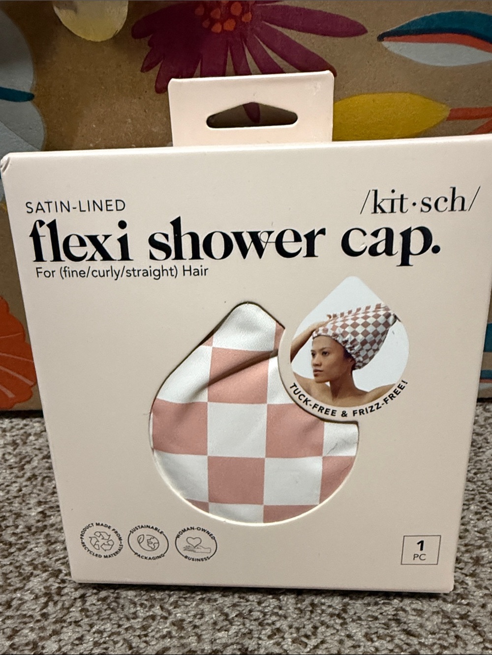 New in box Kitsch Satin-Lined Flexi Shower Cap in Pink and White Check